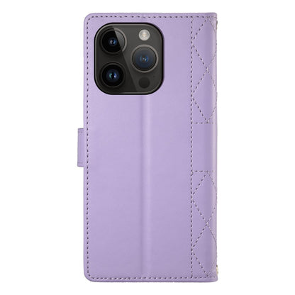 For iPhone 14 Pro Case Rhombus Stitching Wallet Stand Leather Phone Cover with Long  /  Short Strap