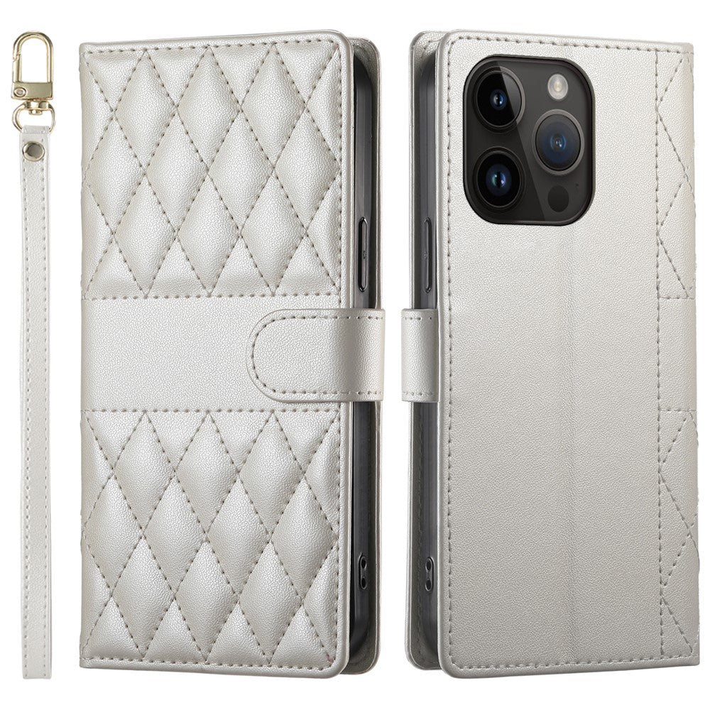 For iPhone 14 Pro Case Rhombus Stitching Wallet Stand Leather Phone Cover with Long  /  Short Strap