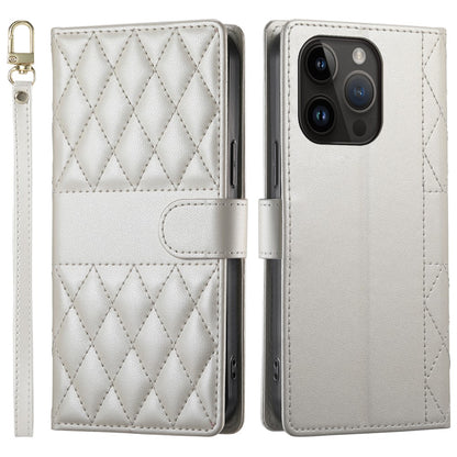 For iPhone 14 Pro Case Rhombus Stitching Wallet Stand Leather Phone Cover with Long  /  Short Strap