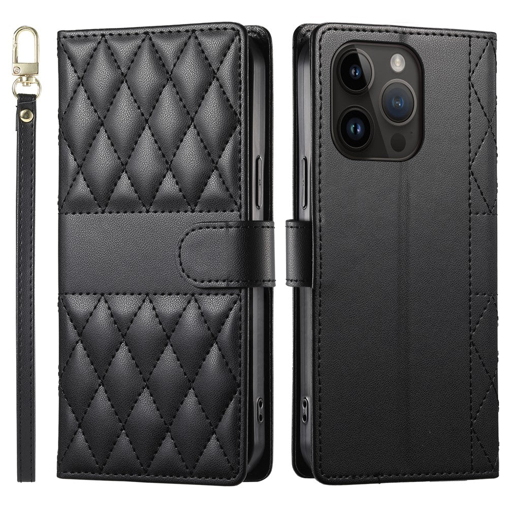 For iPhone 14 Pro Case Rhombus Stitching Wallet Stand Leather Phone Cover with Long  /  Short Strap