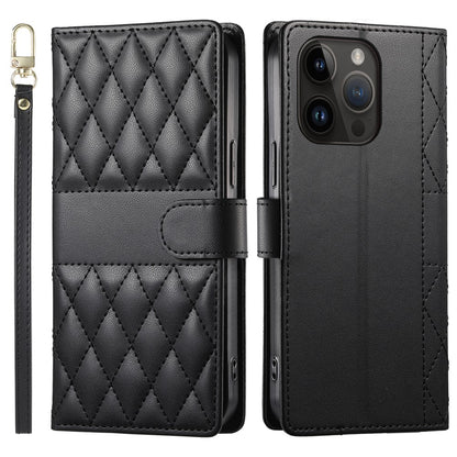 For iPhone 14 Pro Case Rhombus Stitching Wallet Stand Leather Phone Cover with Long  /  Short Strap