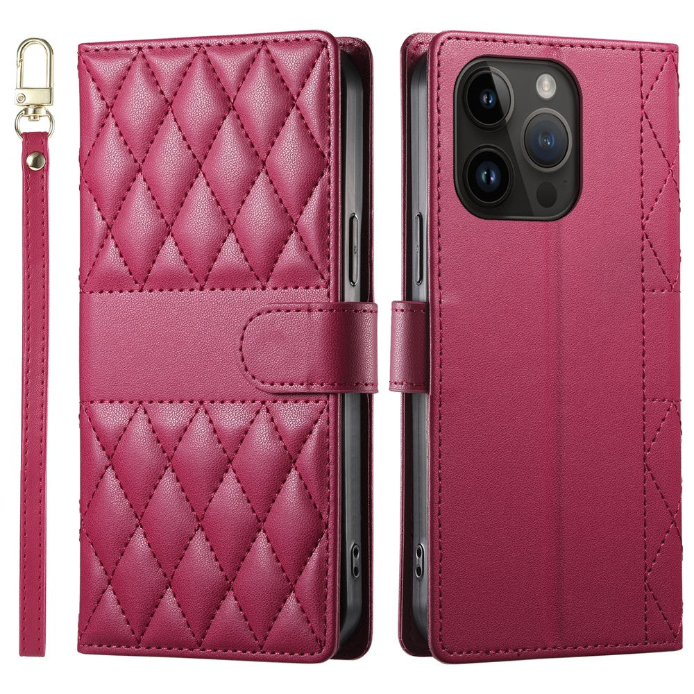 For iPhone 14 Pro Case Rhombus Stitching Wallet Stand Leather Phone Cover with Long  /  Short Strap