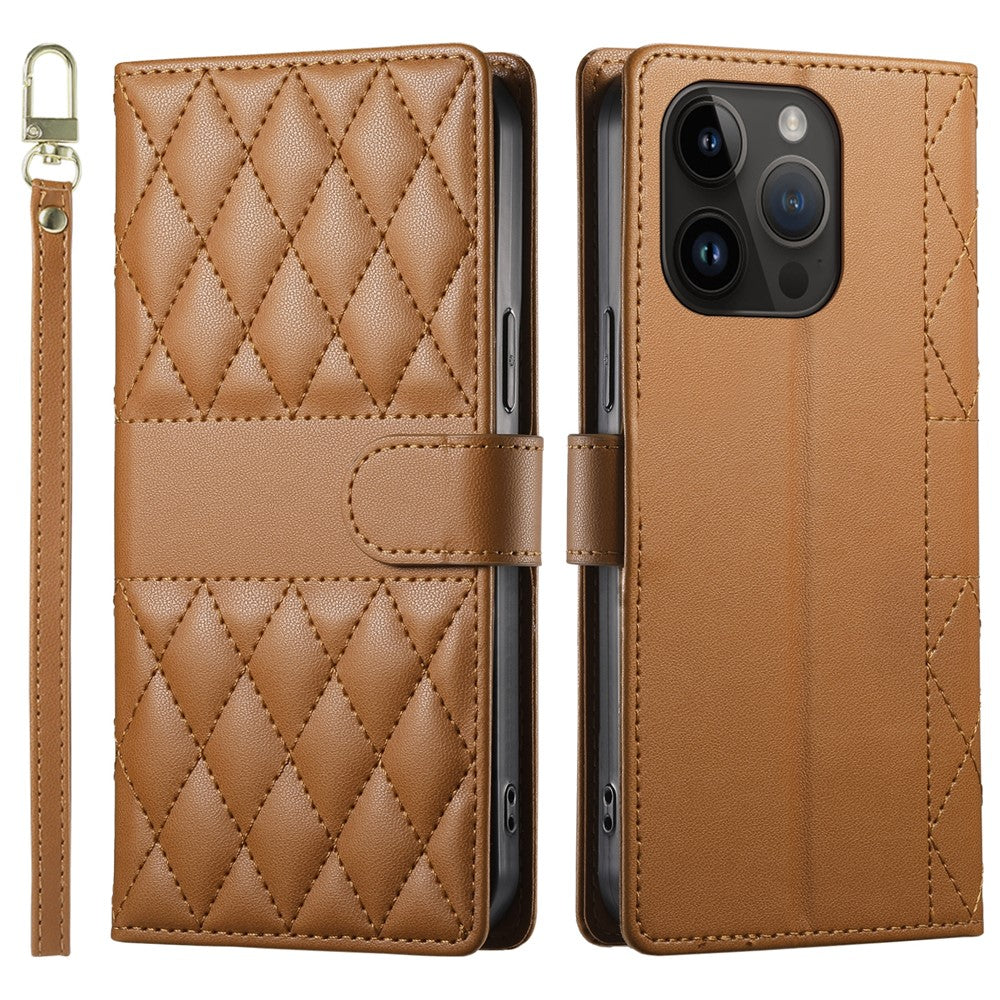 For iPhone 14 Pro Case Rhombus Stitching Wallet Stand Leather Phone Cover with Long  /  Short Strap