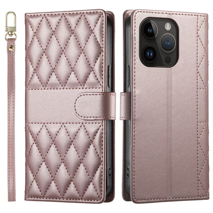 For iPhone 14 Pro Case Rhombus Stitching Wallet Stand Leather Phone Cover with Long  /  Short Strap