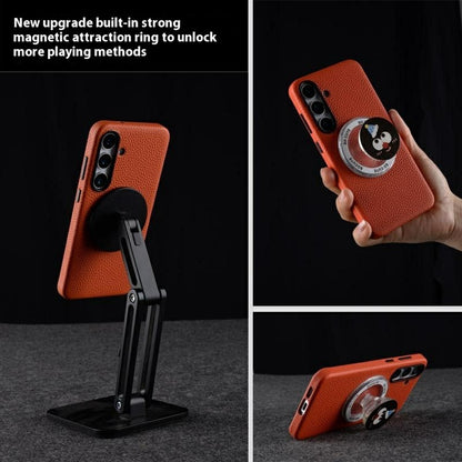 MELKCO For Samsung Galaxy S25 Ultra Magnetic Case Genuine Cow Leather + PC Phone Back Cover
