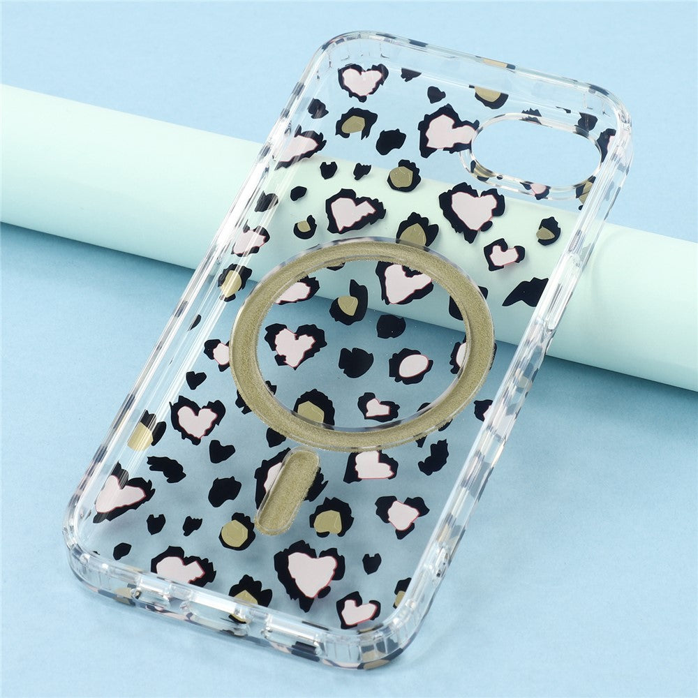 For iPhone 17e / 16e Magnetic Case Clear Anti-Yellowing PC + TPU Phone Back Cover Leopard Print Design
