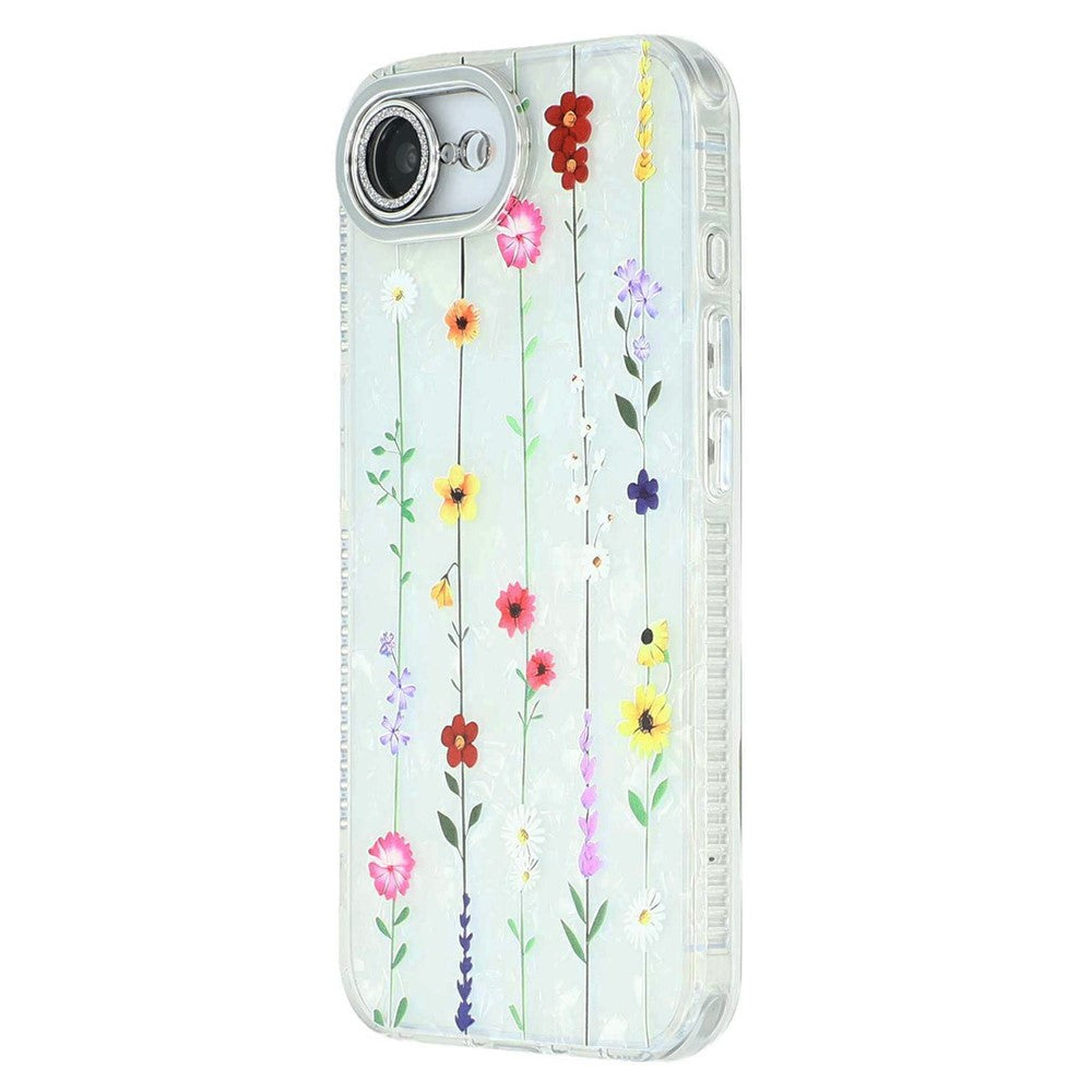 For iPhone 17e / 16e Case Electroplated Floral Pattern IMD TPU + PC Phone Back Cover with Glass Lens Film