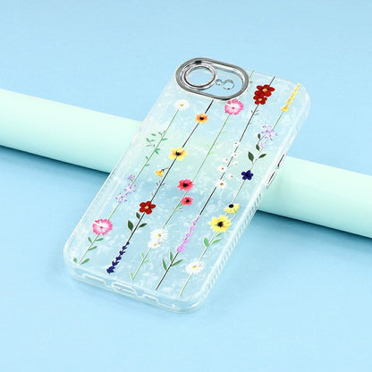 For iPhone 17e / 16e Case Electroplated Floral Pattern IMD TPU + PC Phone Back Cover with Glass Lens Film