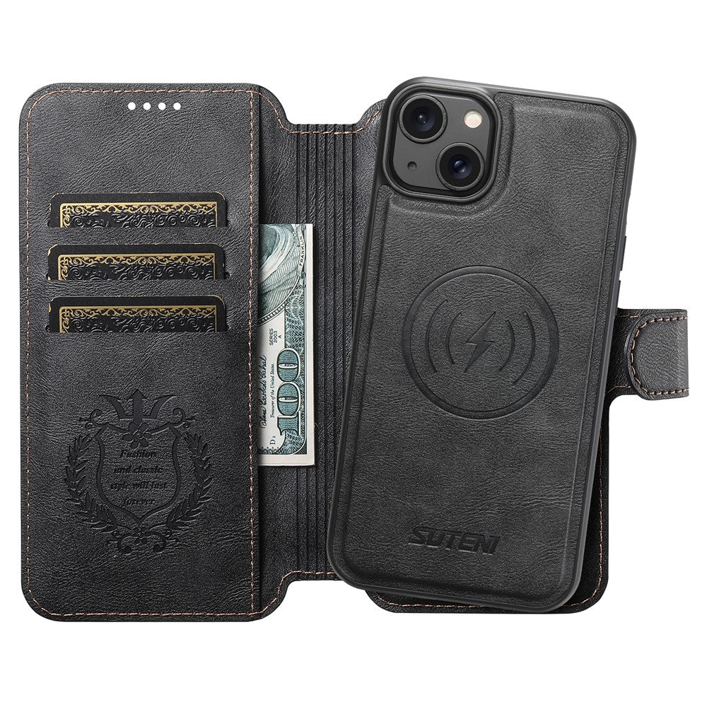 SUTENI Q-05 For iPhone 15 Plus / 14 Wallet Case 2 in 1 Detachable Leather Flip Phone Cover with Stand