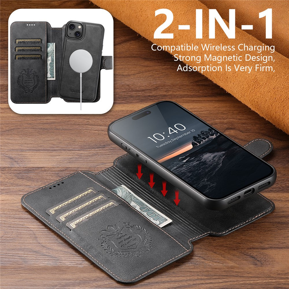 SUTENI Q-05 For iPhone 15 Plus / 14 Wallet Case 2 in 1 Detachable Leather Flip Phone Cover with Stand