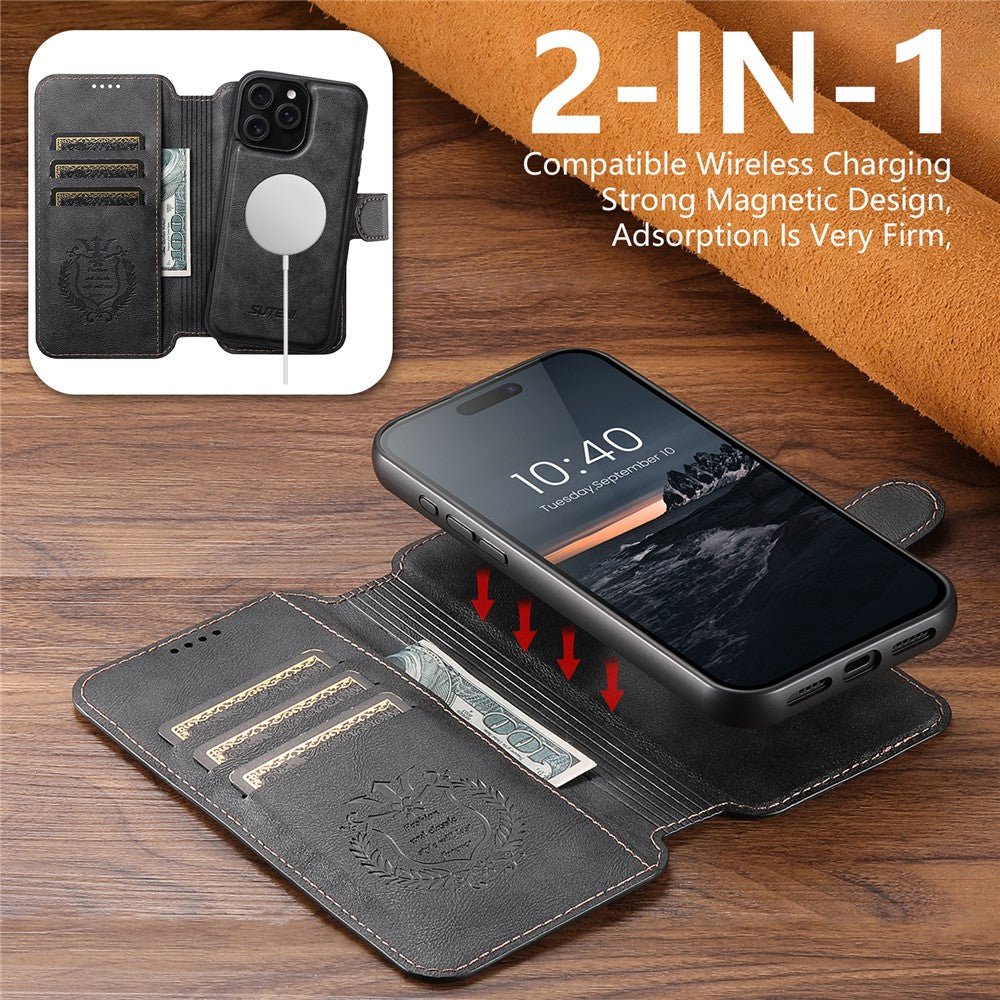 SUTENI Q-05 For iPhone 14 Pro Wallet Case 2 in 1 Detachable Leather Flip Phone Cover with Stand