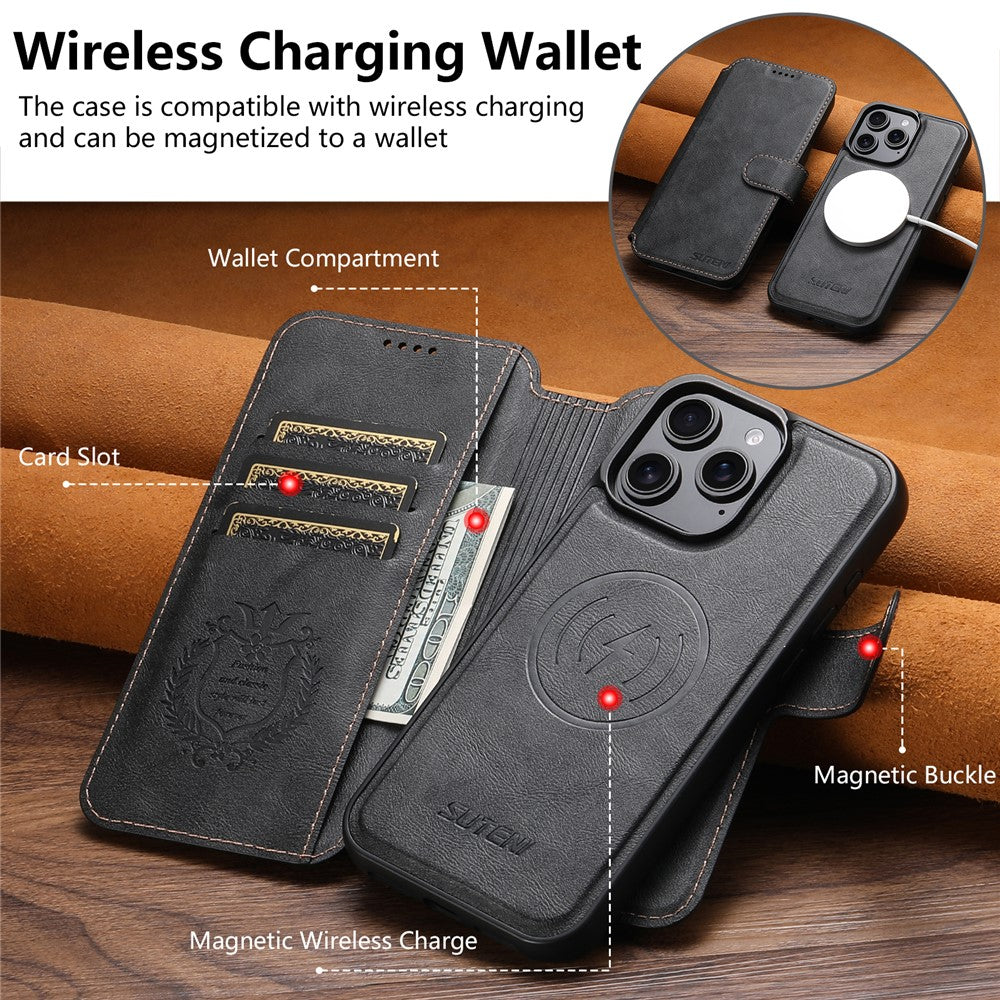 SUTENI Q-05 For iPhone 14 Pro Wallet Case 2 in 1 Detachable Leather Flip Phone Cover with Stand