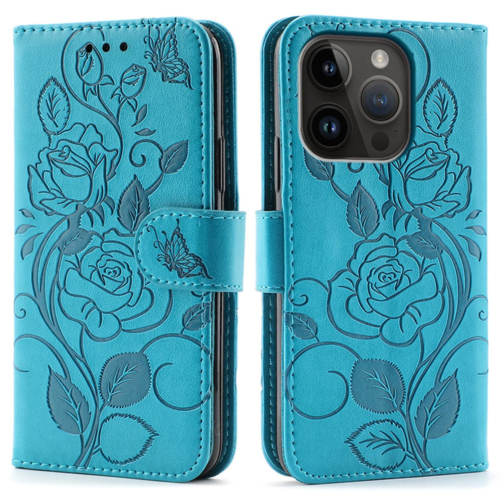 For iPhone 14 Pro Case Wallet Stand Imprinted Rose Butterfly PU Leather Phone Cover