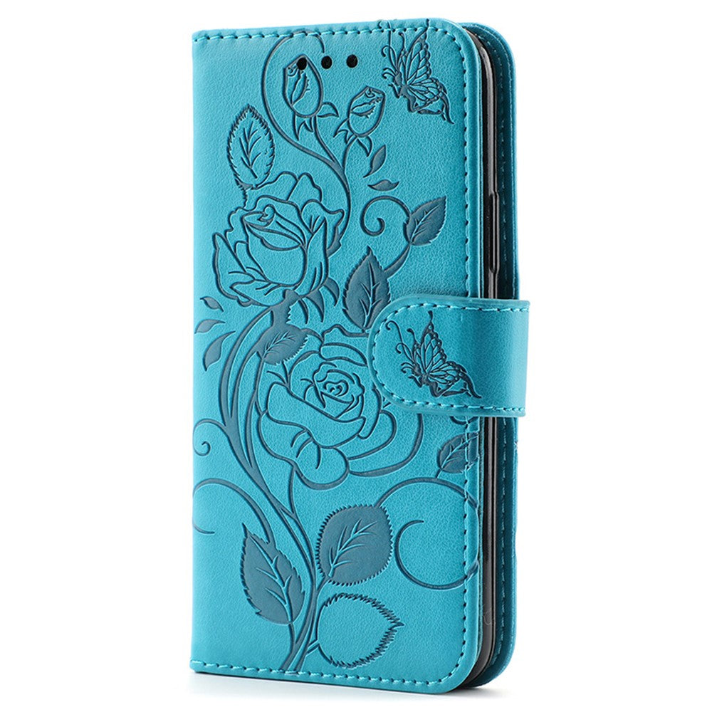 For iPhone 14 Pro Case Wallet Stand Imprinted Rose Butterfly PU Leather Phone Cover