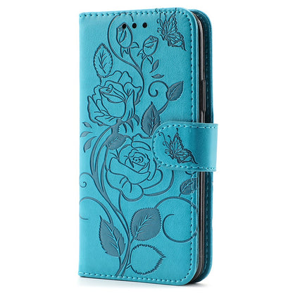 For iPhone 14 Pro Case Wallet Stand Imprinted Rose Butterfly PU Leather Phone Cover