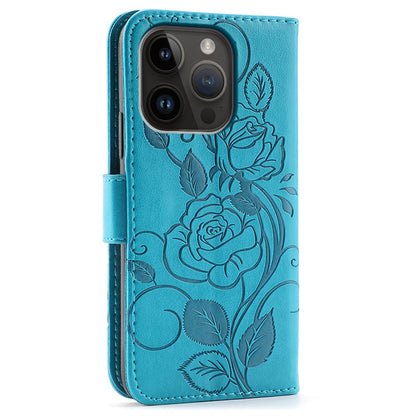 For iPhone 14 Pro Case Wallet Stand Imprinted Rose Butterfly PU Leather Phone Cover
