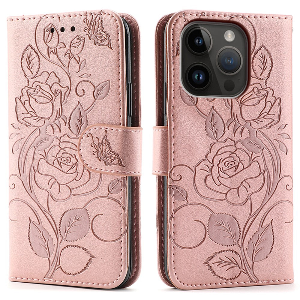 For iPhone 14 Pro Case Wallet Stand Imprinted Rose Butterfly PU Leather Phone Cover