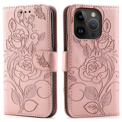 For iPhone 14 Pro Case Wallet Stand Imprinted Rose Butterfly PU Leather Phone Cover