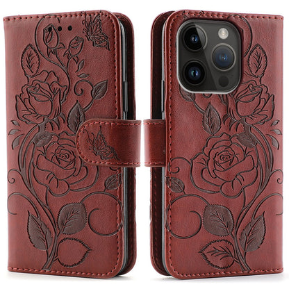 For iPhone 14 Pro Case Wallet Stand Imprinted Rose Butterfly PU Leather Phone Cover