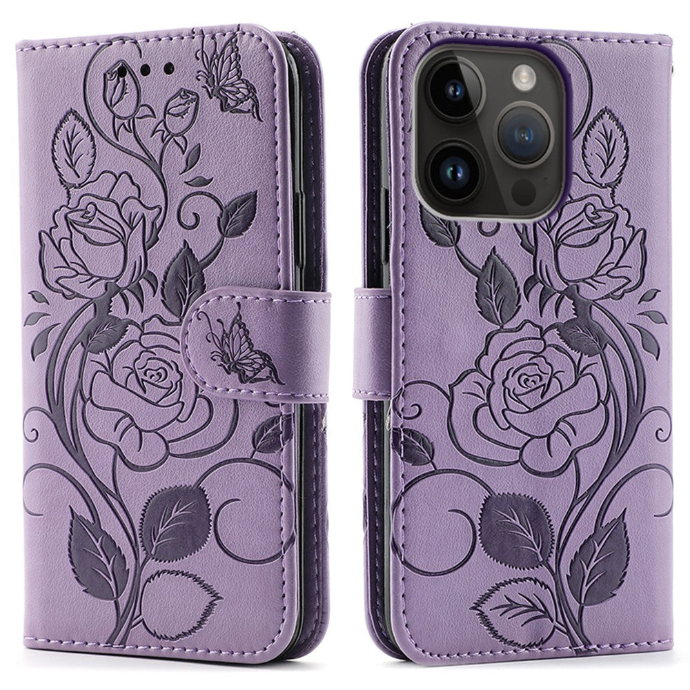 For iPhone 14 Pro Case Wallet Stand Imprinted Rose Butterfly PU Leather Phone Cover