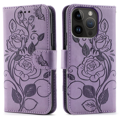 For iPhone 14 Pro Case Wallet Stand Imprinted Rose Butterfly PU Leather Phone Cover