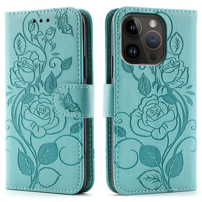 For iPhone 14 Pro Case Wallet Stand Imprinted Rose Butterfly PU Leather Phone Cover