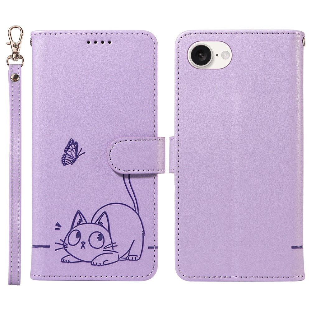 For iPhone 17e / 16e Wallet Case Cat Pattern Imprint Leather Phone Cover with Wrist Strap