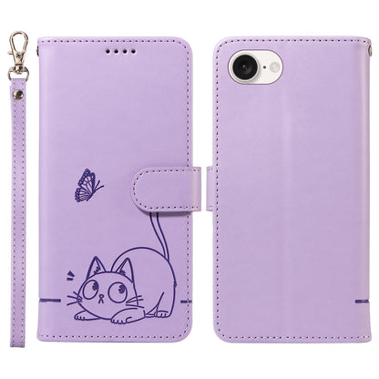 For iPhone 17e / 16e Wallet Case Cat Pattern Imprint Leather Phone Cover with Wrist Strap