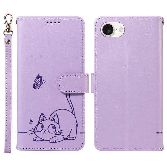 For iPhone 17e / 16e Wallet Case Cat Pattern Imprint Leather Phone Cover with Wrist Strap