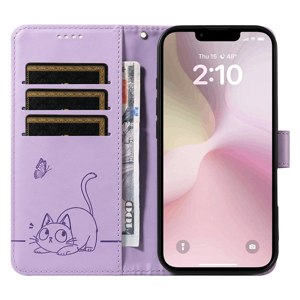 For iPhone 17e / 16e Wallet Case Cat Pattern Imprint Leather Phone Cover with Wrist Strap