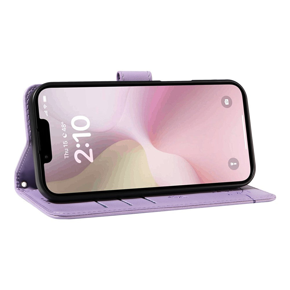For iPhone 17e / 16e Wallet Case Cat Pattern Imprint Leather Phone Cover with Wrist Strap