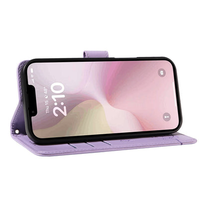 For iPhone 17e / 16e Wallet Case Cat Pattern Imprint Leather Phone Cover with Wrist Strap