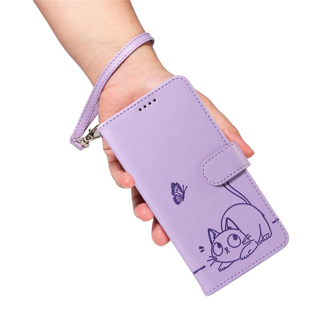 For iPhone 17e / 16e Wallet Case Cat Pattern Imprint Leather Phone Cover with Wrist Strap