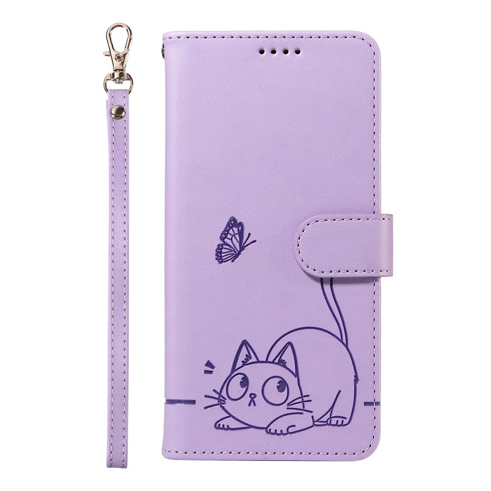 For iPhone 17e / 16e Wallet Case Cat Pattern Imprint Leather Phone Cover with Wrist Strap