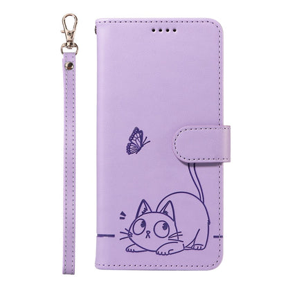 For iPhone 17e / 16e Wallet Case Cat Pattern Imprint Leather Phone Cover with Wrist Strap