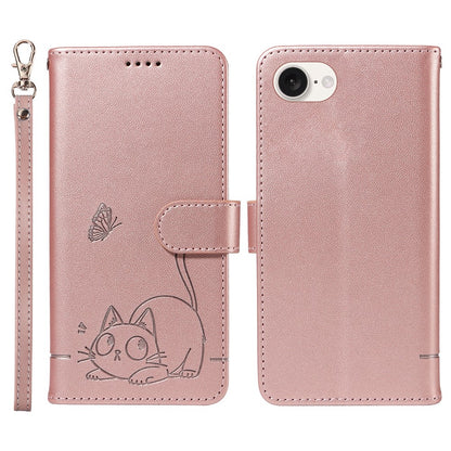 For iPhone 17e / 16e Wallet Case Cat Pattern Imprint Leather Phone Cover with Wrist Strap