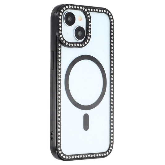 For iPhone 15 Case Compatible with MagSafe Sparkling Rhinestone Decor TPU + PC Clear Phone Back Cover