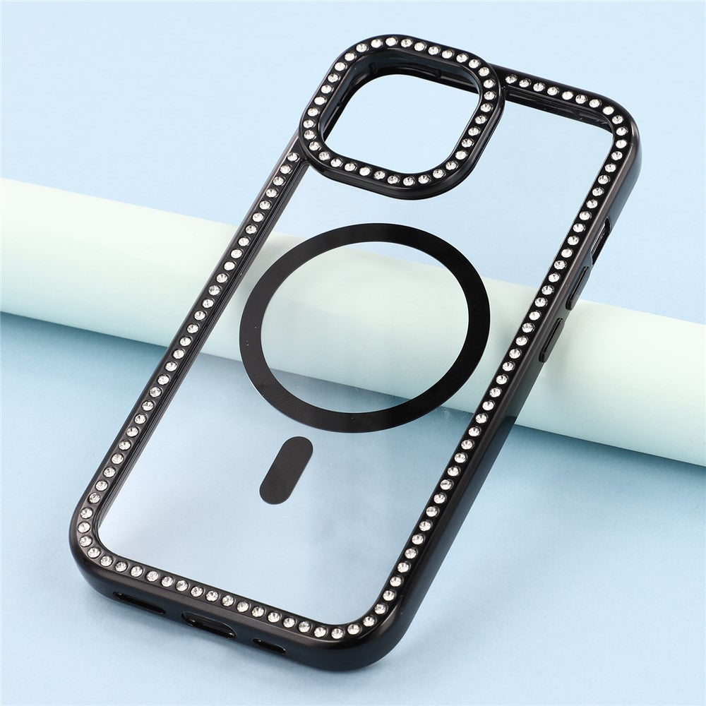 For iPhone 15 Case Compatible with MagSafe Sparkling Rhinestone Decor TPU + PC Clear Phone Back Cover