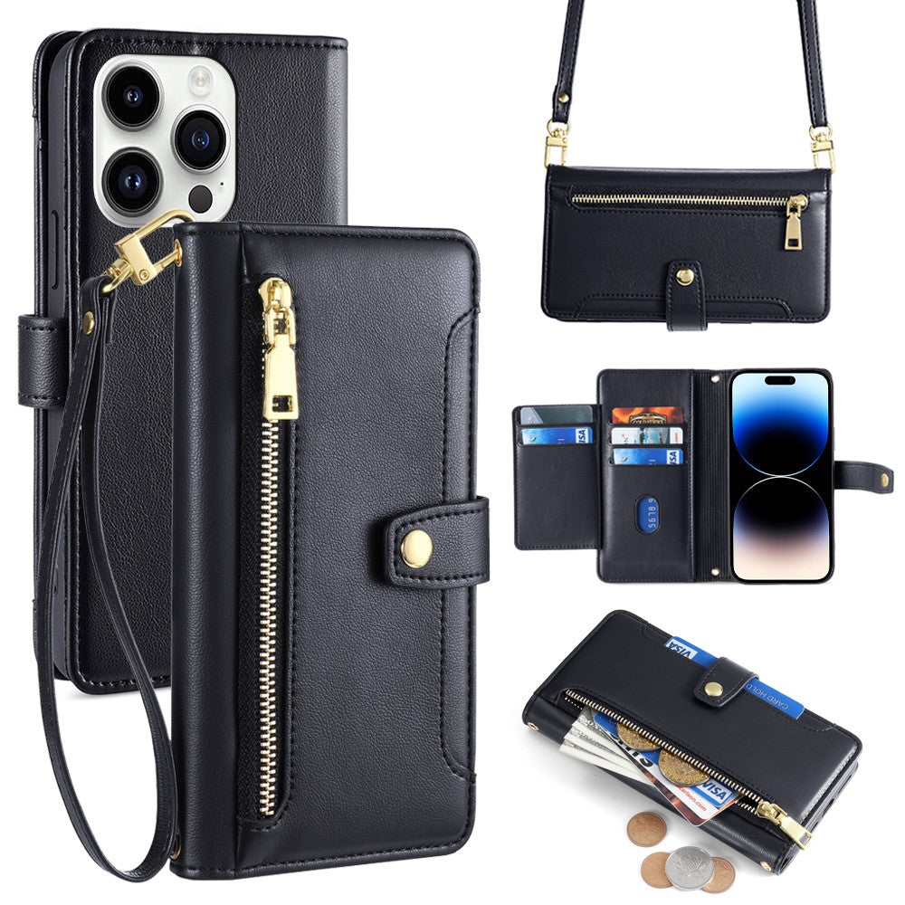 For iPhone 14 Pro Case Zipper Pocket Wallet Leather Phone Cover with 2 Straps