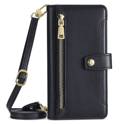For iPhone 14 Pro Case Zipper Pocket Wallet Leather Phone Cover with 2 Straps