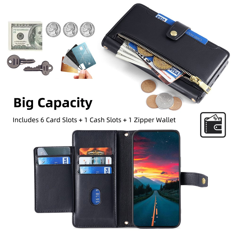 For iPhone 14 Pro Case Zipper Pocket Wallet Leather Phone Cover with 2 Straps
