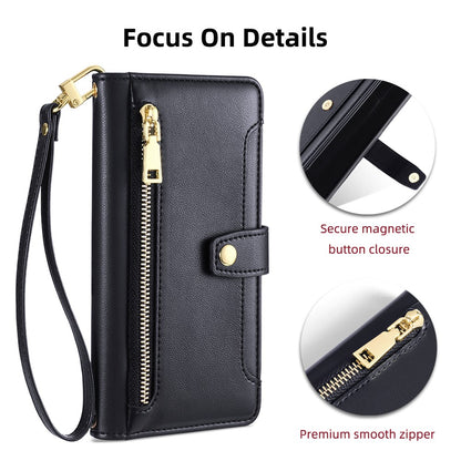 For iPhone 14 Pro Case Zipper Pocket Wallet Leather Phone Cover with 2 Straps