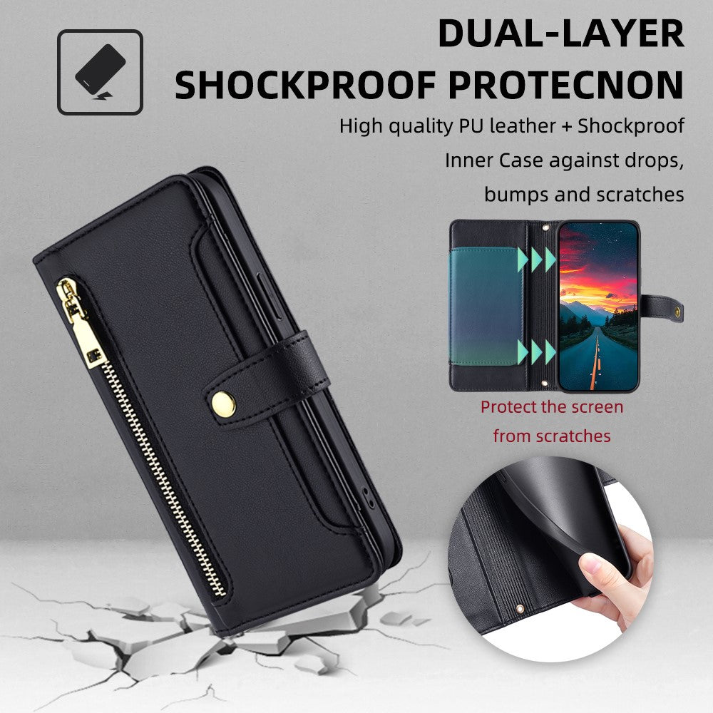 For iPhone 14 Pro Case Zipper Pocket Wallet Leather Phone Cover with 2 Straps