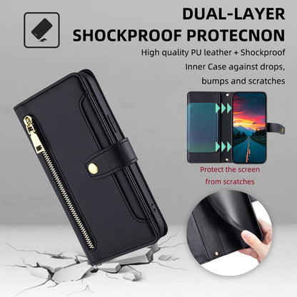 For iPhone 14 Pro Case Zipper Pocket Wallet Leather Phone Cover with 2 Straps