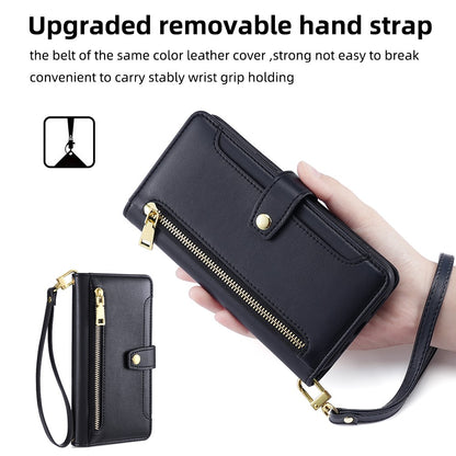 For iPhone 14 Pro Case Zipper Pocket Wallet Leather Phone Cover with 2 Straps