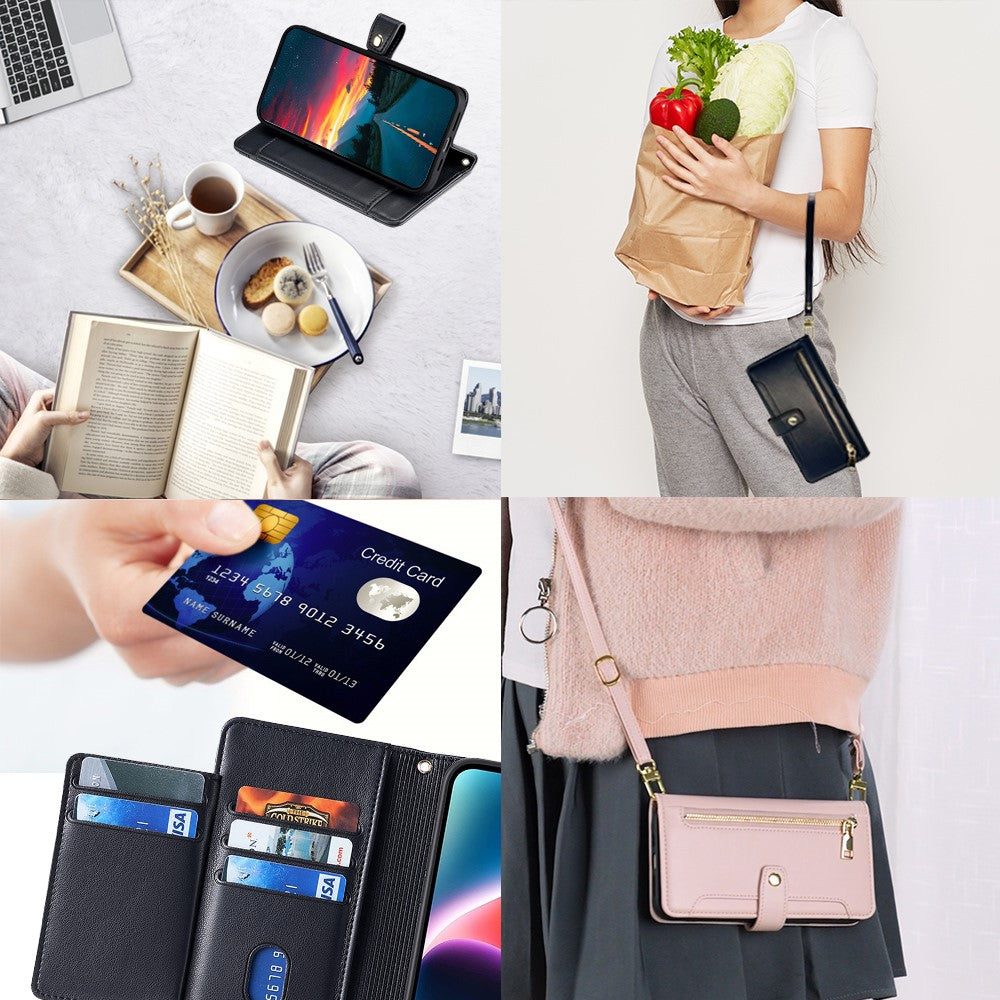 For iPhone 14 Pro Case Zipper Pocket Wallet Leather Phone Cover with 2 Straps