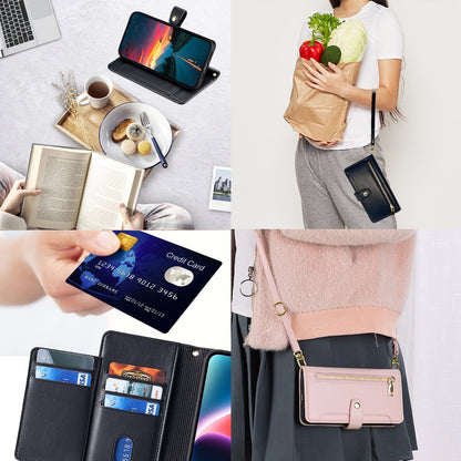 For iPhone 14 Pro Case Zipper Pocket Wallet Leather Phone Cover with 2 Straps