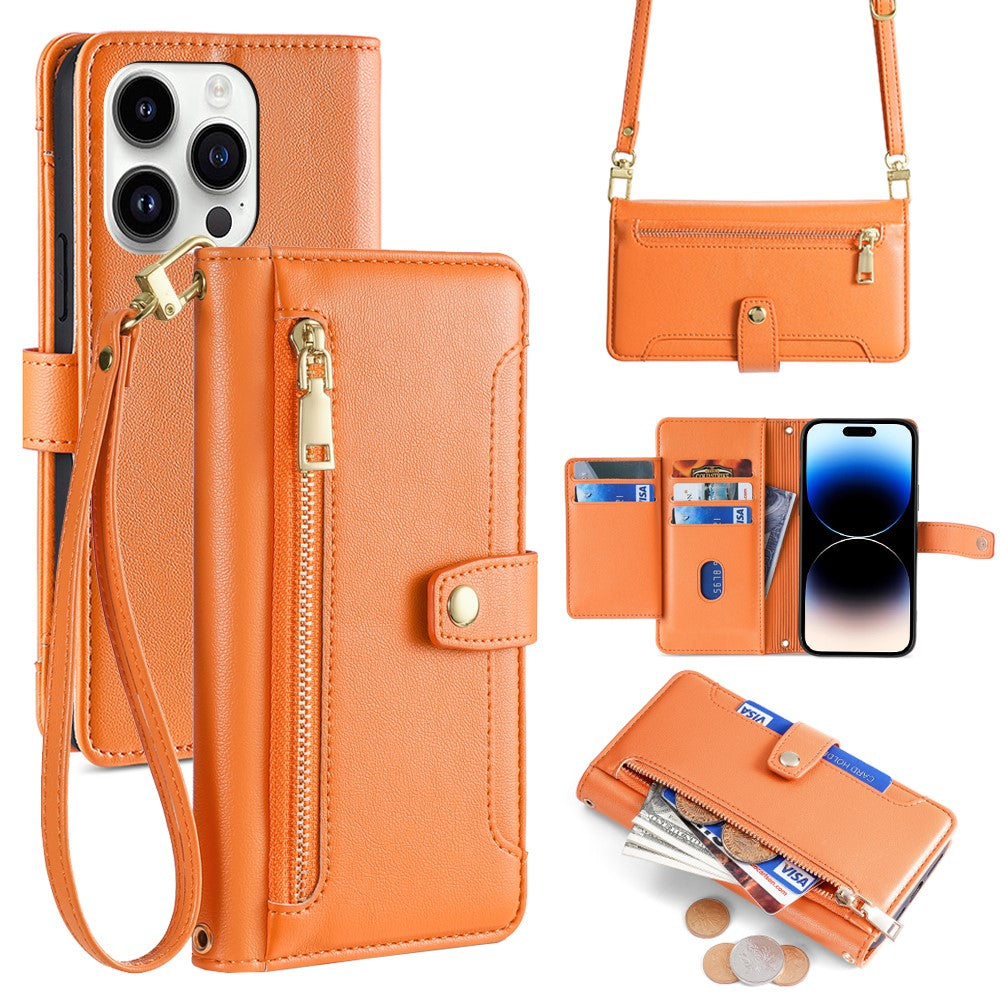 For iPhone 14 Pro Case Zipper Pocket Wallet Leather Phone Cover with 2 Straps