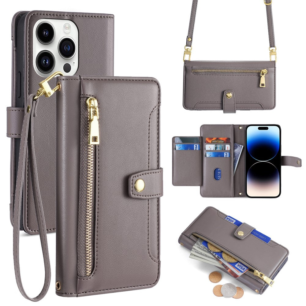 For iPhone 14 Pro Case Zipper Pocket Wallet Leather Phone Cover with 2 Straps