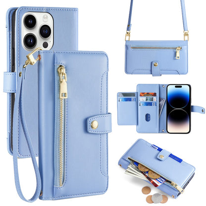 For iPhone 14 Pro Case Zipper Pocket Wallet Leather Phone Cover with 2 Straps